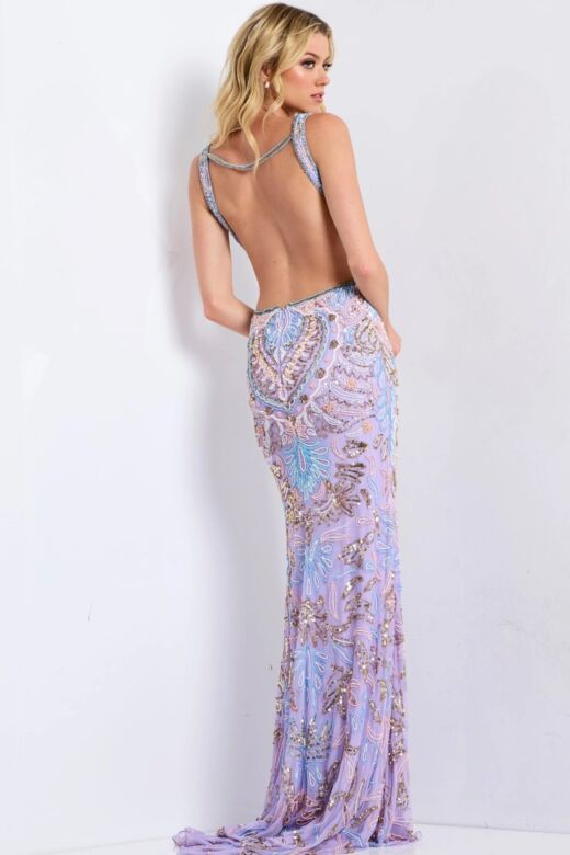 Jovani 45533 V-Neck Embroidered Backless Dress