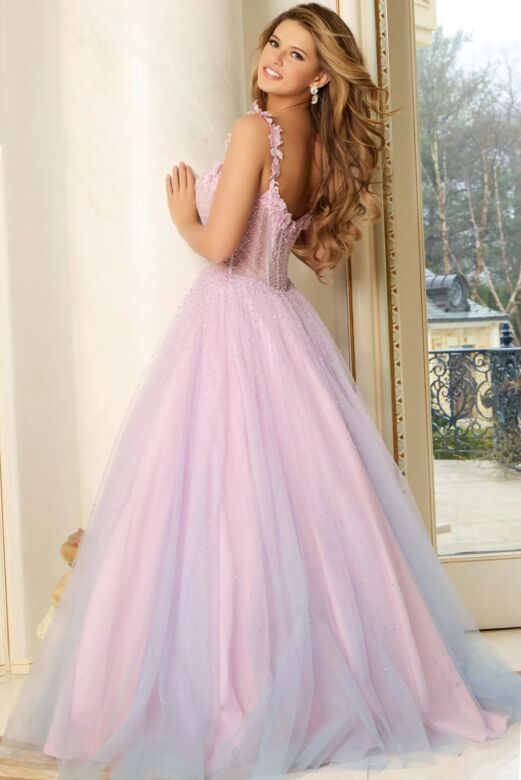 Jovani 47305 Floral Neckline Corset Top Ombre Dress