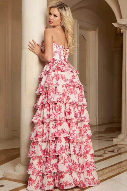 Jovani 47404 Tiered Skirt Strapless Corset Floral Print Dress
