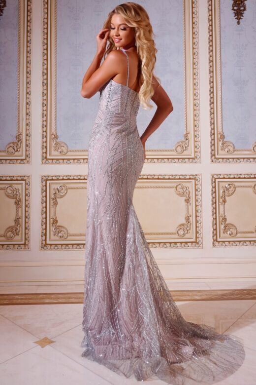 Jovani D5042 Plunging Neckline High Slit Glitter Dress