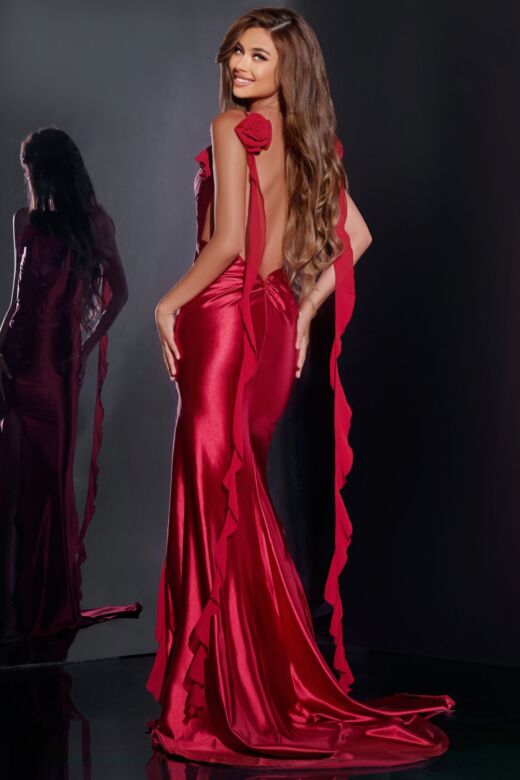 Jovani D5078 Floral Straps Ruffle Skirt Backless Dress