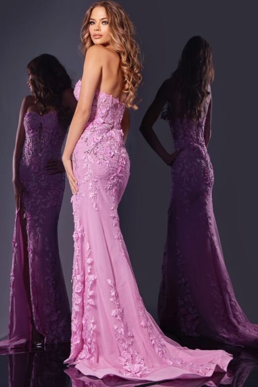 Jovani D5107 Floral Appliques High Slit Strapless Dress