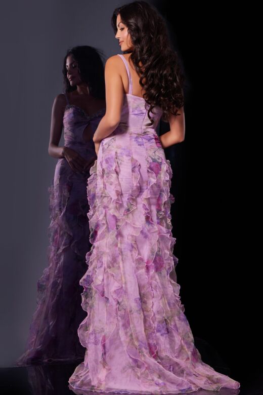 Jovani D5113 Ruffle Skirt Sweetheart Neck Floral Dress