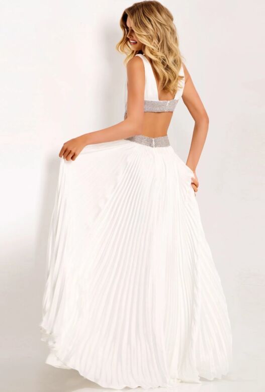 Jovani 42811 Plunging Neckline Beaded Crisscross Waist Pleated Dress