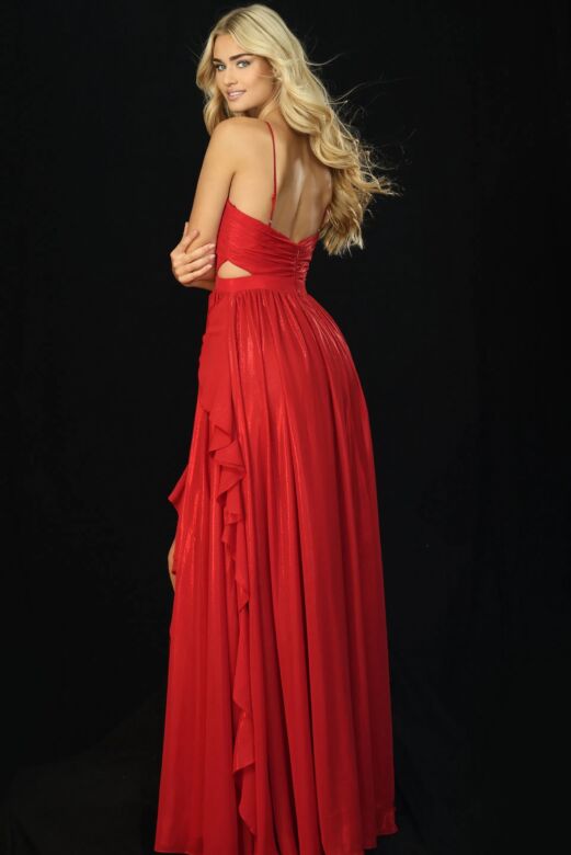 Jovani 44233 V-Strap High Slit Ruched Dress