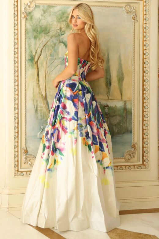Jovani 44434 Pleated Skirt Strapless Floral Dress