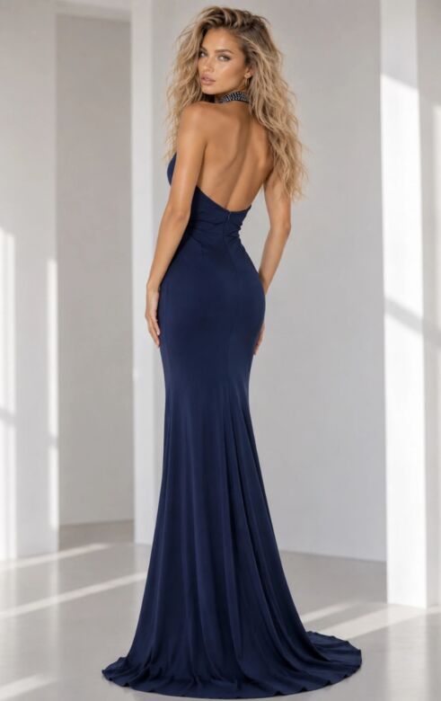 Jovani 45483 Beaded Halter Neckline Low Back Dress
