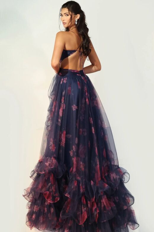 Jovani 45712 Tie Back Ruffle Floral Dress