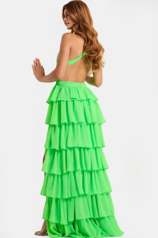 Jovani 46338 Ruffle Skirt Plunging Halter Neck Dress