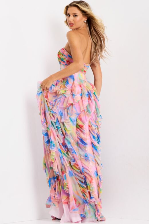 Jovani 46381 Ruffle Skirt Floral Print Strapless Dress