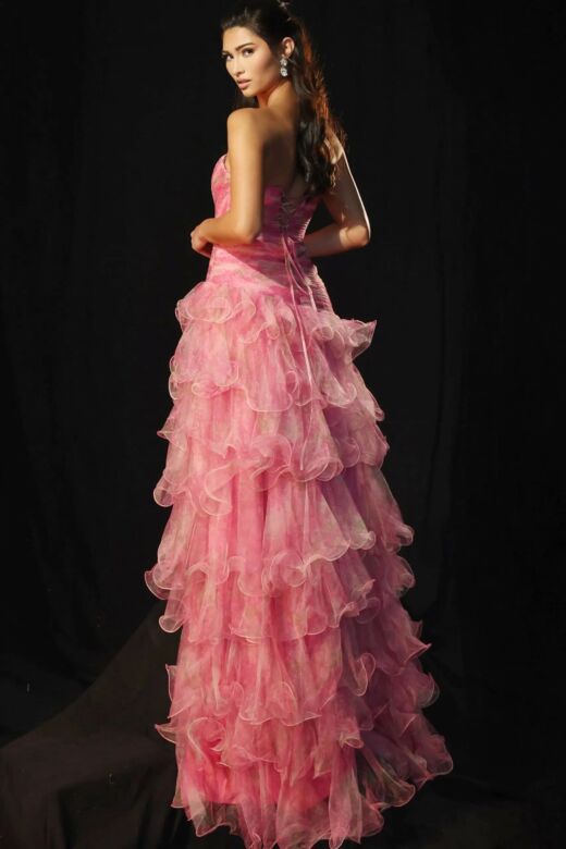Jovani 46408 Drop Waist Tiered Ruffle Skirt Strapless Dress