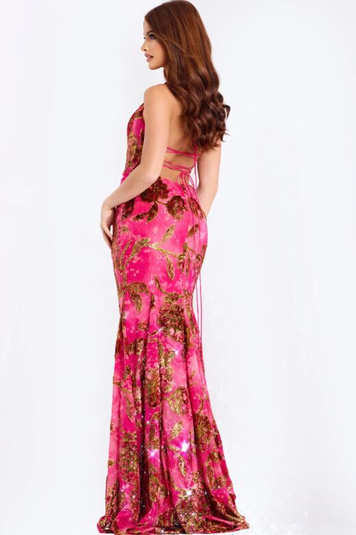 Jovani 46434 Halter Neckline Lace-Up Floral Dress