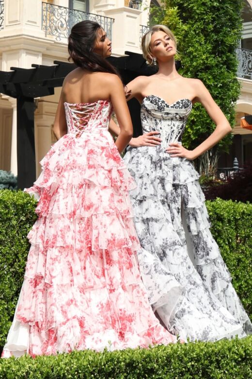 Jovani 47029 Ruffle Skirt Floral Print Strapless Dress