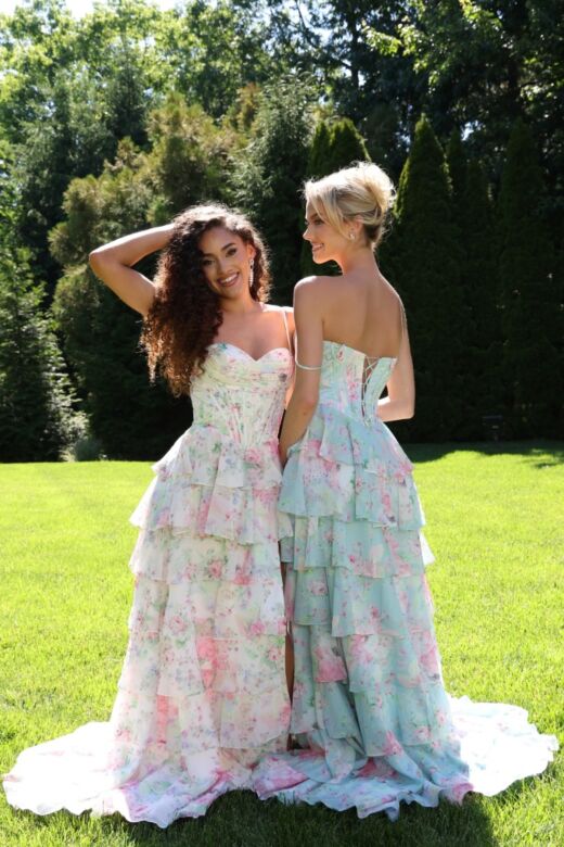 Jovani 47282 Basque Waist Layered Ruffle Skirt Floral Dress