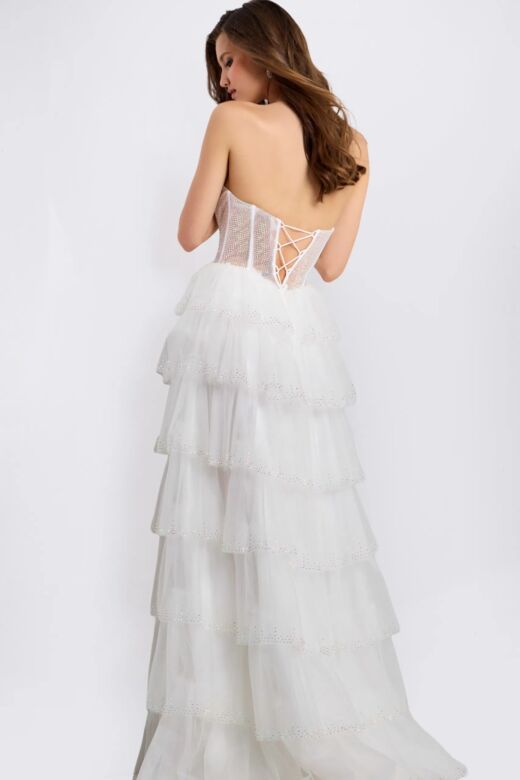 Jovani 47290 Tiered Ruffle Skirt Lace-Up Strapless Dress
