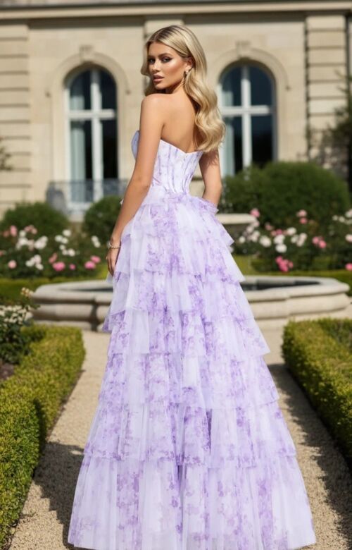 Jovani 47440 High Slit Tiered Ruffle Skirt Strapless Floral Dress