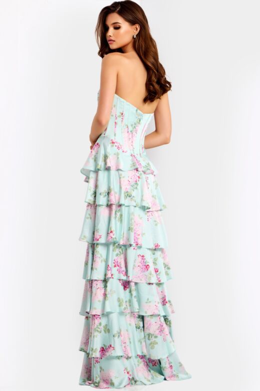 Jovani 47579 Ruffle Skirt Floral Print Strapless Dress