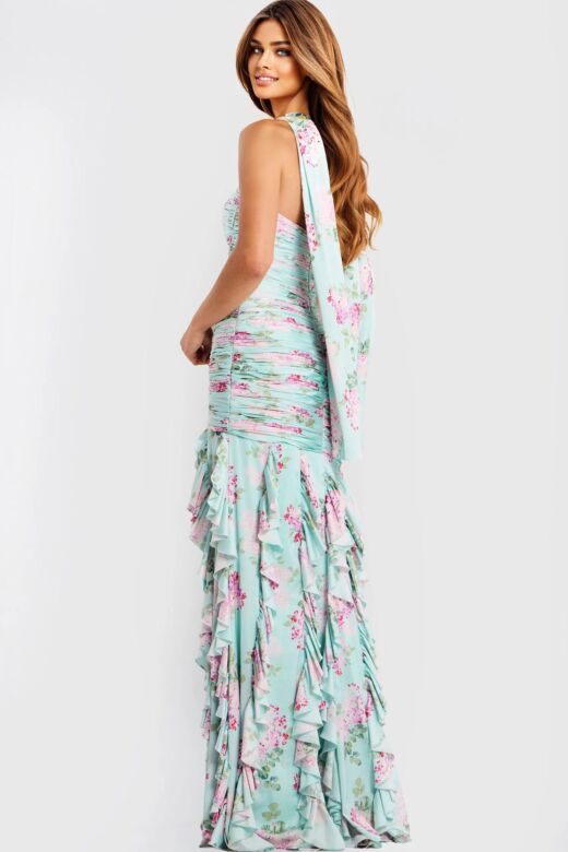 Jovani 47580 Ruched Bodice with Neck Scarf Floral Dress