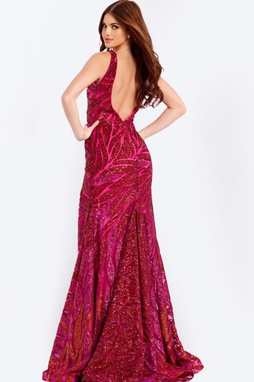 Jovani 47682 Open V-back Sequin Embroidery Dress