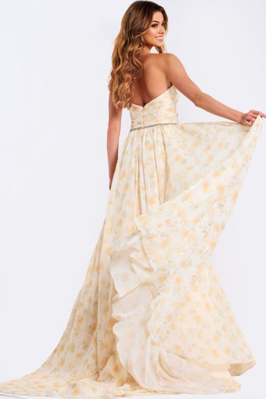 Jovani 48139 Plunging Neckline Metallic Floral Dress