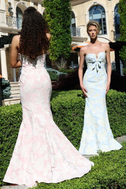Jovani 48260 Notched Neckline Strapless Floral Jacquard Dress