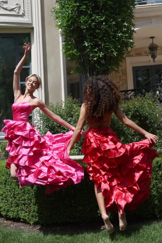 Jovani 48295 Double Spaghetti Strap Ruffle Tiered Skirt Satin Dress