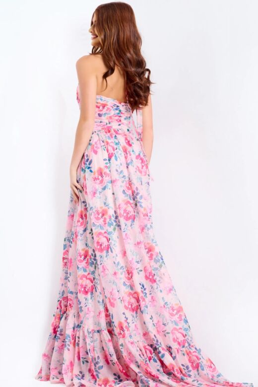 Jovani 48469 High Slit Plunging Halter Neckline Floral Dress