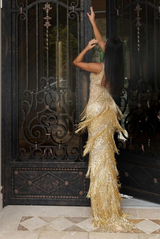 Jovani 48521 Fringe Skirt Plunging V-Neckline Dress