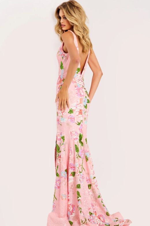 Jovani 48636 High Slit V-Neckline Floral Dress