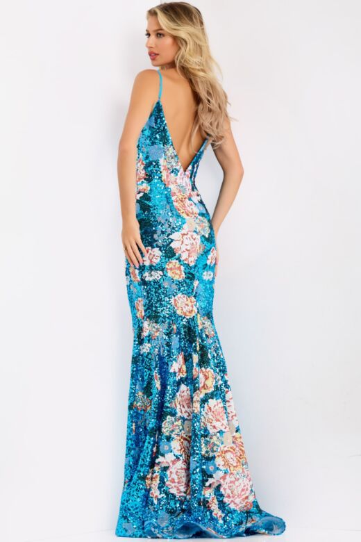 Jovani 48637 Plunging Neckline Floral Sequin Dress