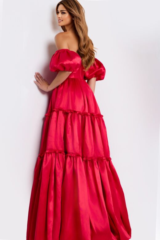 Jovani 49055 Puff Sleeve Off The Shoulder Peek-A-Boo Neckline Dress