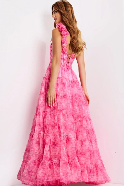 Jovani 49074 Layered Skirt One Shoulder Lace-Up Dress