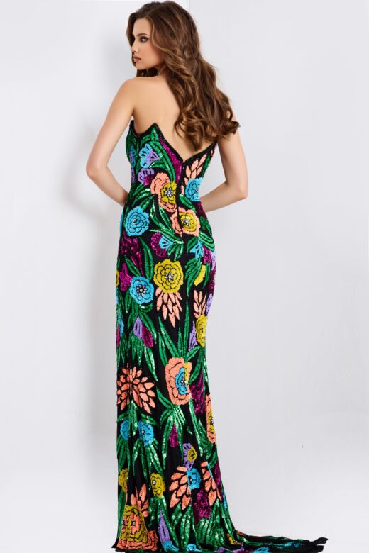 Jovani 49234 Plunging Sweetheart Neckline Floral Sequin Dress