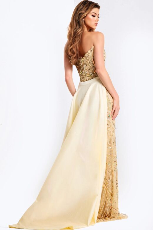 Jovani 49255 High Slit Paisley with Overskirt Dress