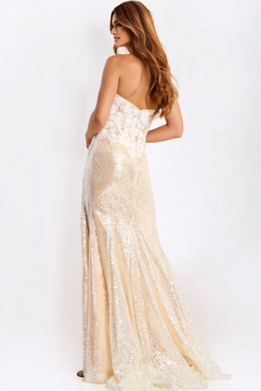Jovani 49362 Sweetheart Neckline Floral Accent Sequin Dress