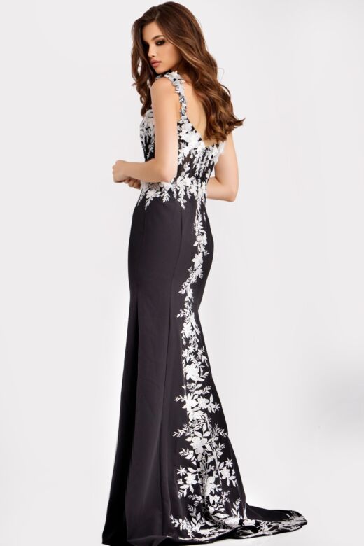 Jovani 49465 Illusion Corset Bodice Embroidered Floral Applique Dress