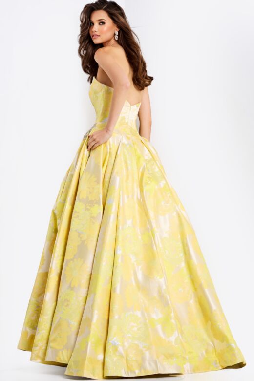Jovani 49502 Metallic Strapless Curved Neckline Floral Print Dress