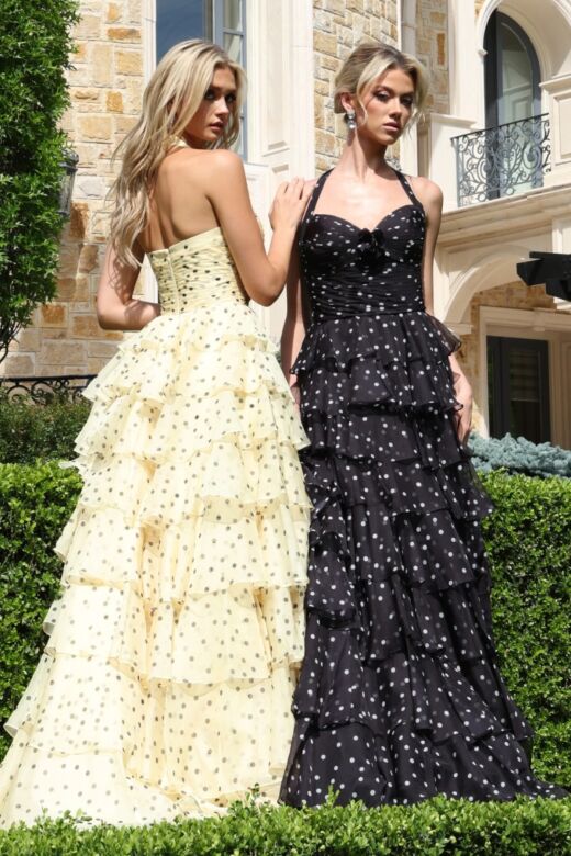 Jovani 49776 Halter Neckline Tiered Ruffle Skirt Polka Dot Dress