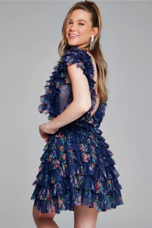Jovani 50069 Plunging Neckline Floral Ruffle Dress