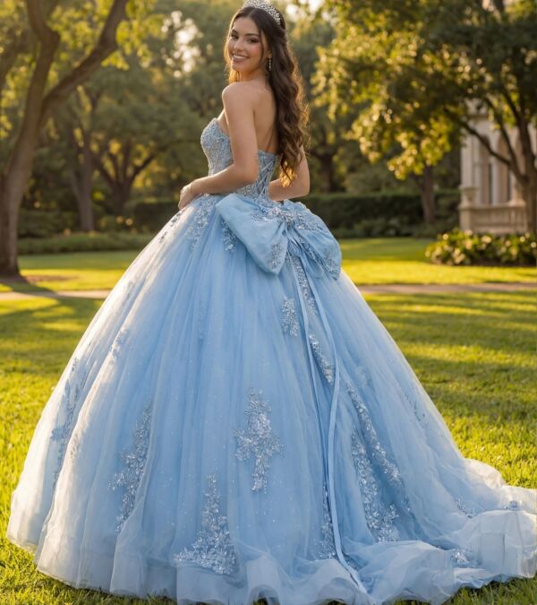 Jovani Q49712 Illusion Bodice Back Bow Quince Gown