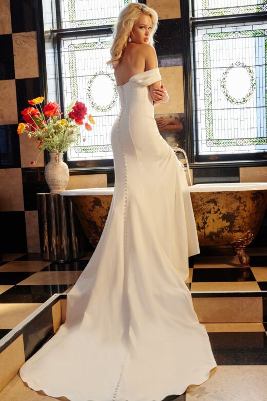 Jovani JB07454 High Slit Off The Shoulder Bridal Dress