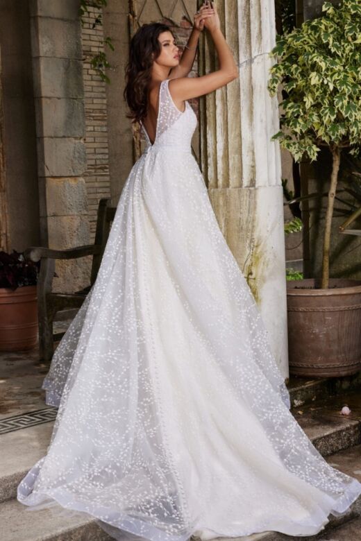 Jovani JB09491 Plunging Neckline Embroidered Bridal Gown