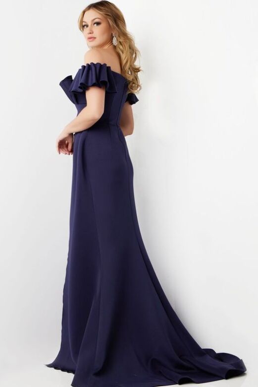 Jovani 23402 Ruffle Neckline High Slit Wedding Dress
