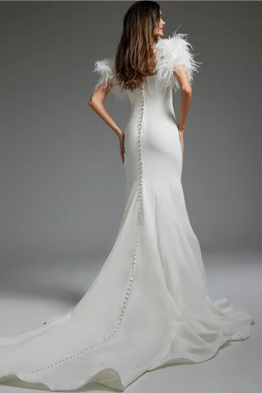 Jovani JB07433 Illusion Neckline Feather Sleeves Bridal Gown
