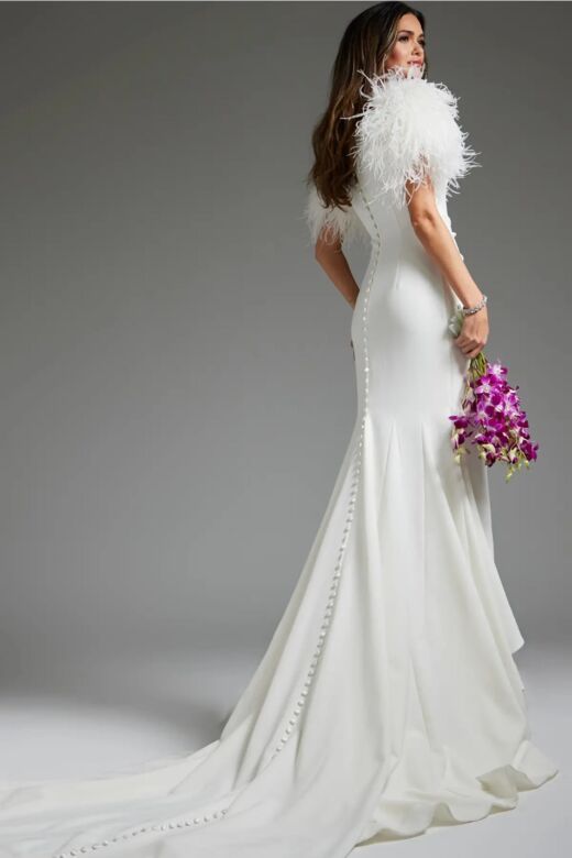 Jovani JB09153 Wrap Skirt Feather Sleeves Bridal Dress