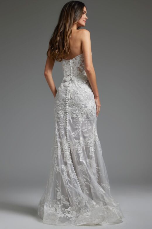 Jovani JB38221 Floral Embroidery Strapless Wedding Dress