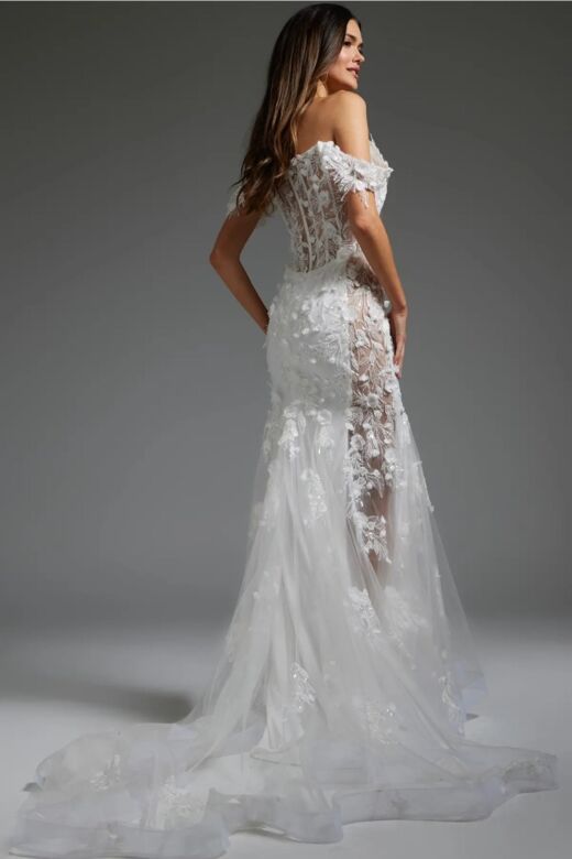 Jovani JB38224 Illusion Side Floral Appliques Wedding Dress