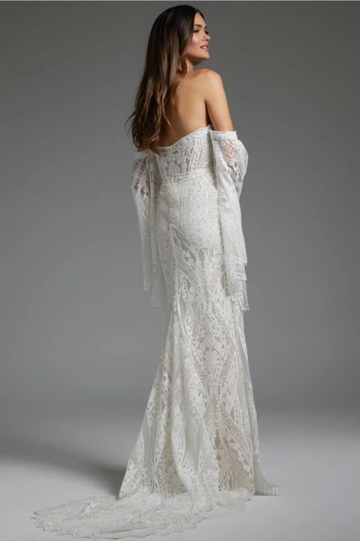 Jovani JB39162 Detachable Sleeves Beaded Lace Bridal Gown
