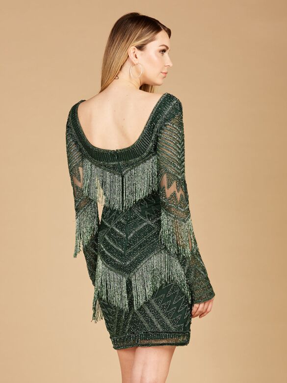 Lara 29355 Long Sleeve Scoop Back Fringe Dress