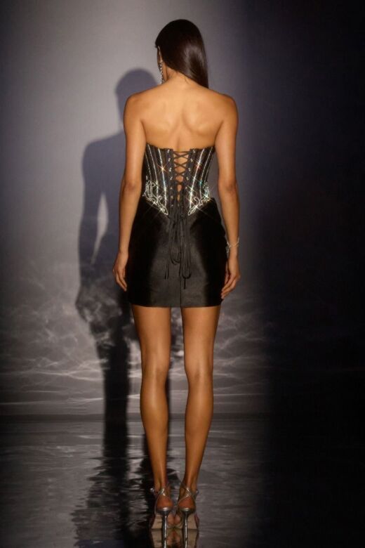 LaDivine CD645 Draped Skirt Fitted Lace-Up Back Dress